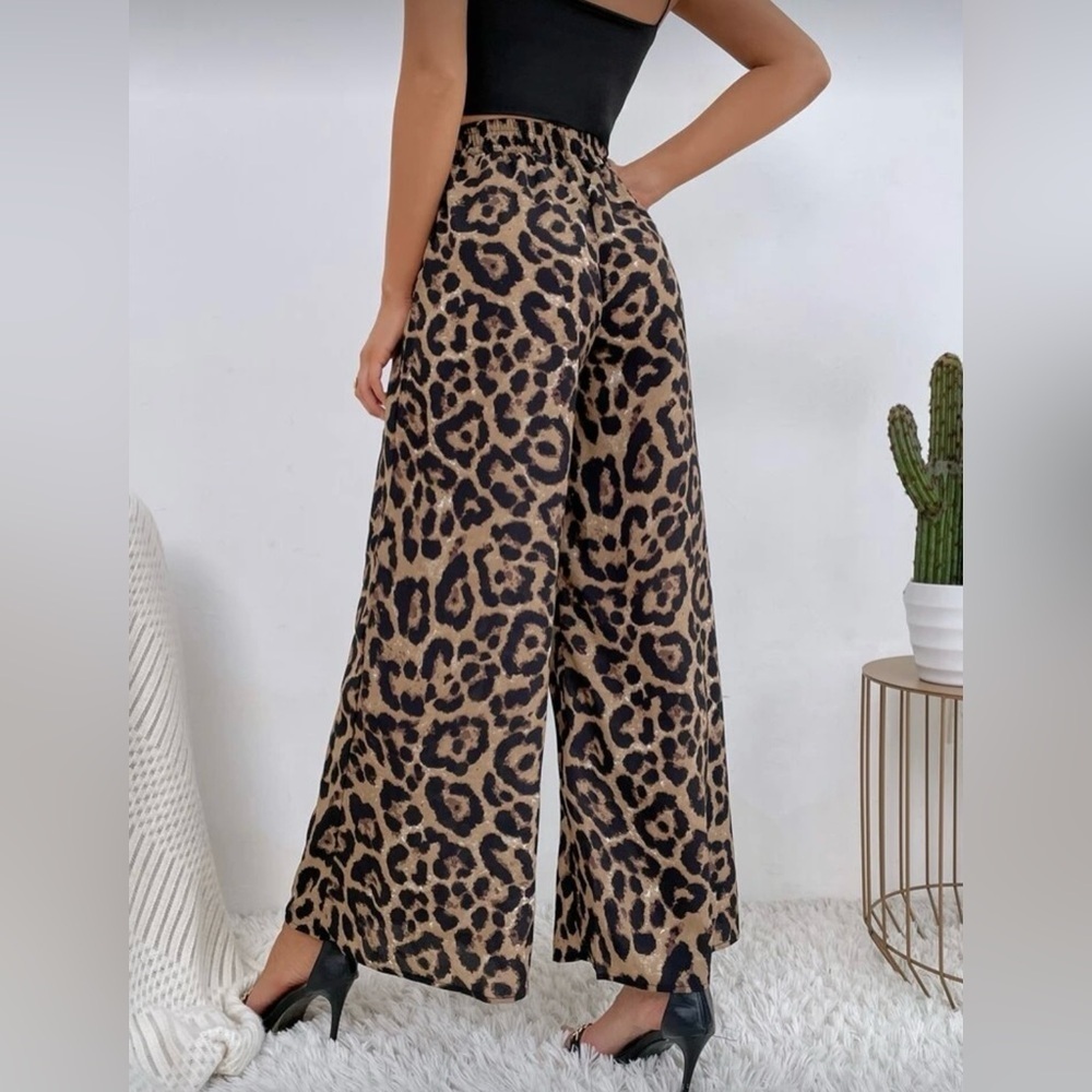 Leopard Brown Black Animal Print High Waisted Wide Leg Women’s Pants Large - Picture 13 of 14